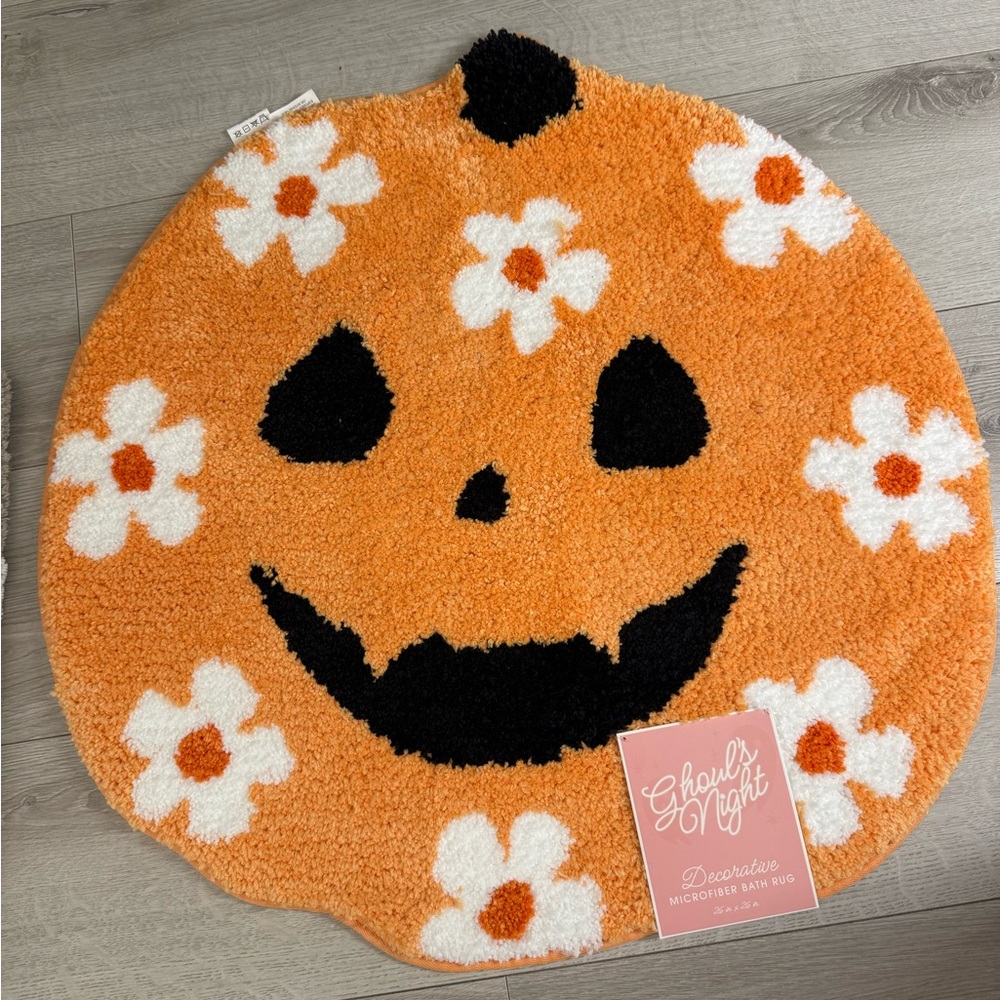 NWT Orange Pumpkin Shaped Rug with Floral Design Bath Rug